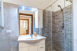 Shower, hair dryer, bidet, towels