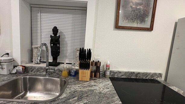 Cucina con piano di lavoro in granito, lavello in acciaio inossidabile e piano cottura a induzione nero.