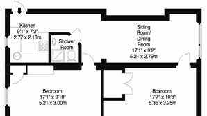 Grundriss eines Hotelzimmers im Marchfield Park, Edinburgh, EH4 5BN. Es zeigt eine Küche, ein Duschbad, einen Wohn-/Essbereich, ein Schlafzimmer und einen Abstellraum.