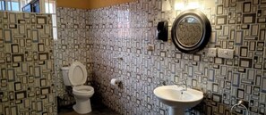 Regadera, toallas, jabón, papel de baño