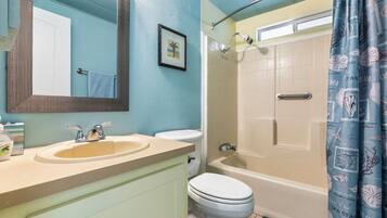 Hair dryer, towels, soap, shampoo