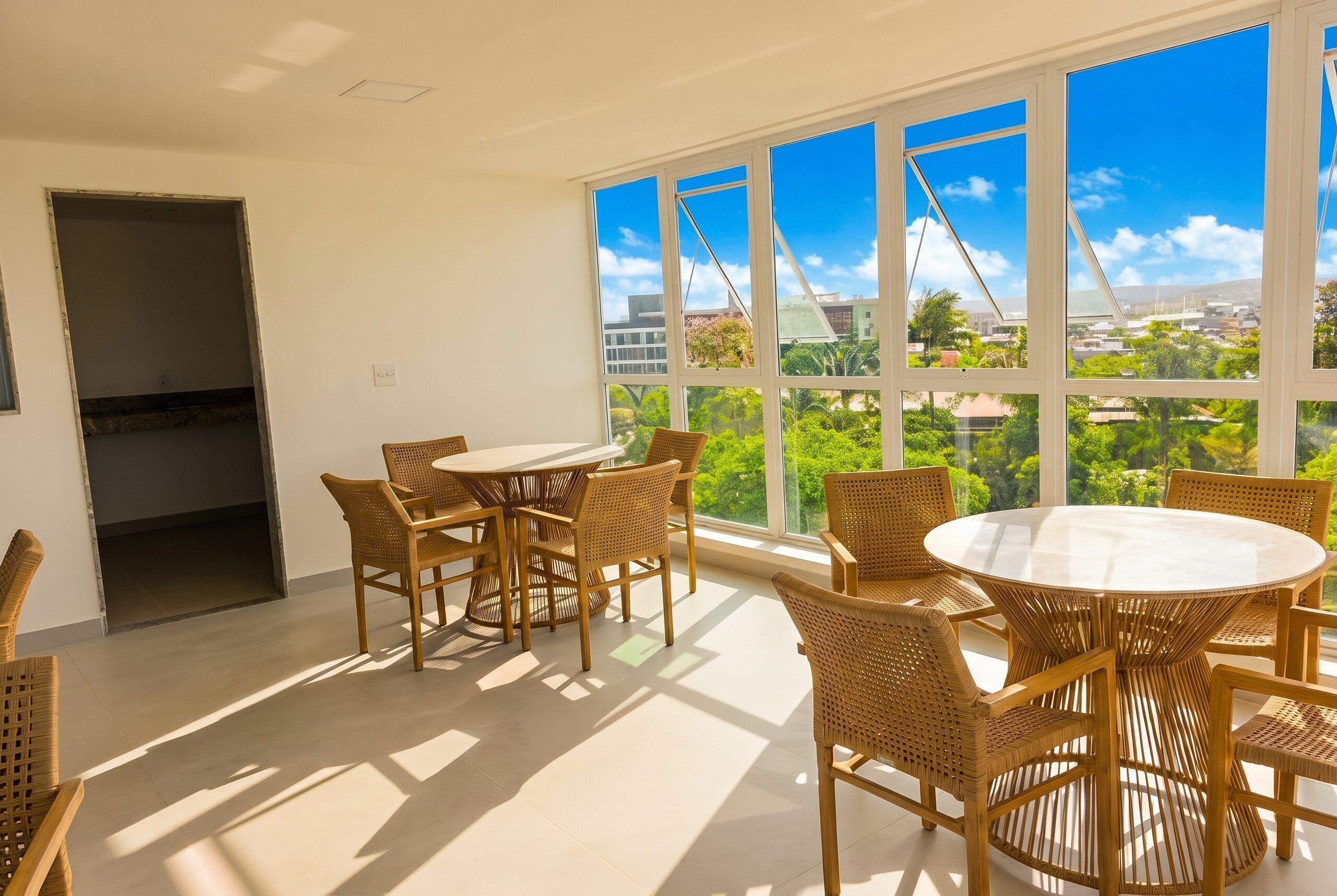 Una habitación con una mesa redonda y sillas, ventanas amplias con vistas a zonas verdes y edificios, y una puerta que da a otra habitación.