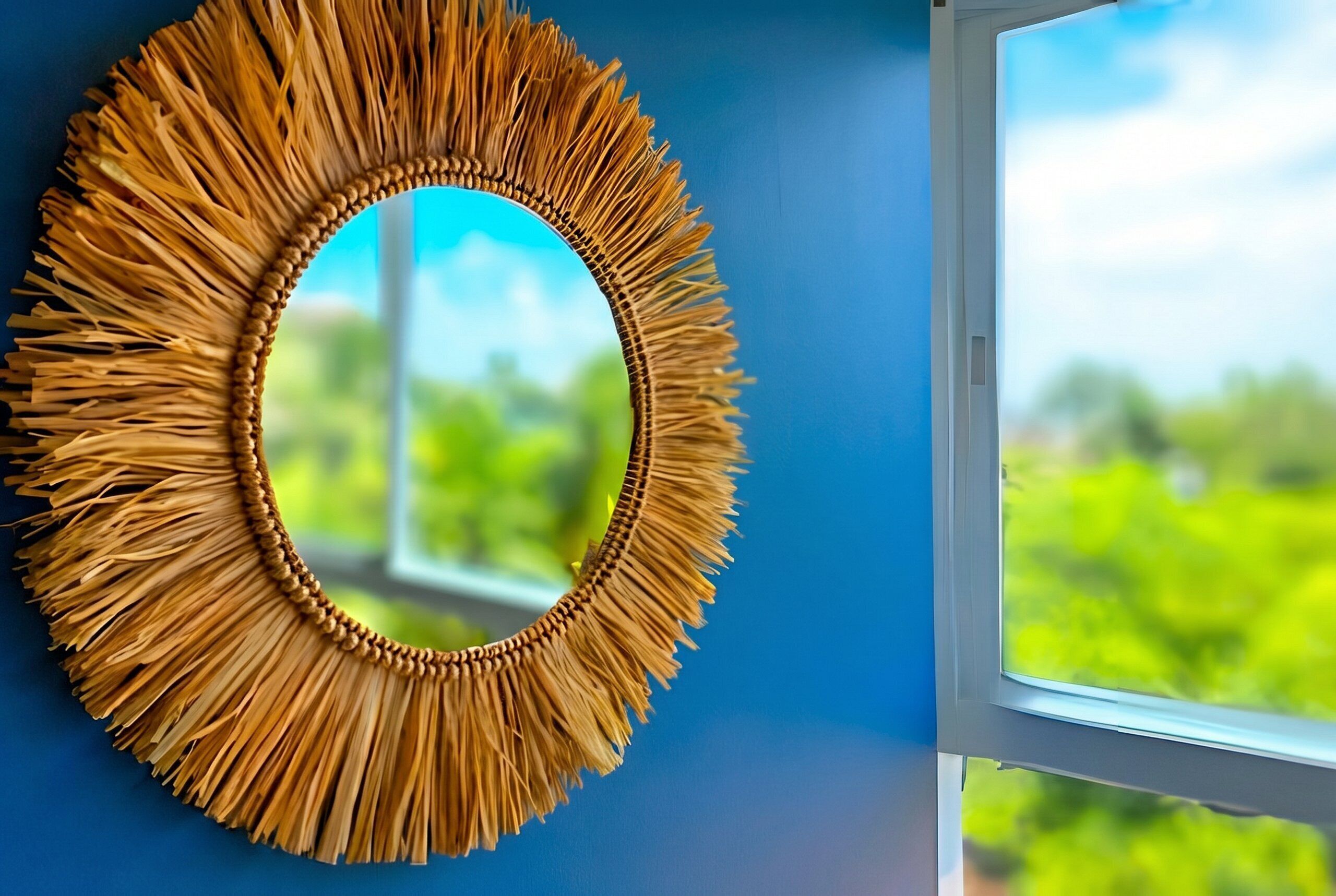 Un miroir rond, doté d’un cadre ressemblant à de la paille, est accroché à un mur bleu.