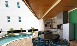 An outdoor patio with a pool, seating area, and a kitchenette.