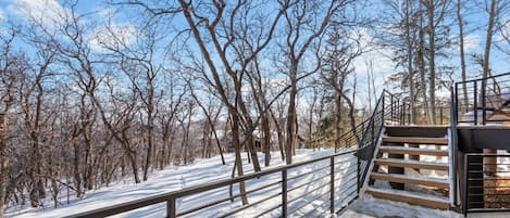 A snow-covered outdoor area with a metal staircase leading to a building, surrounded by leafless trees.