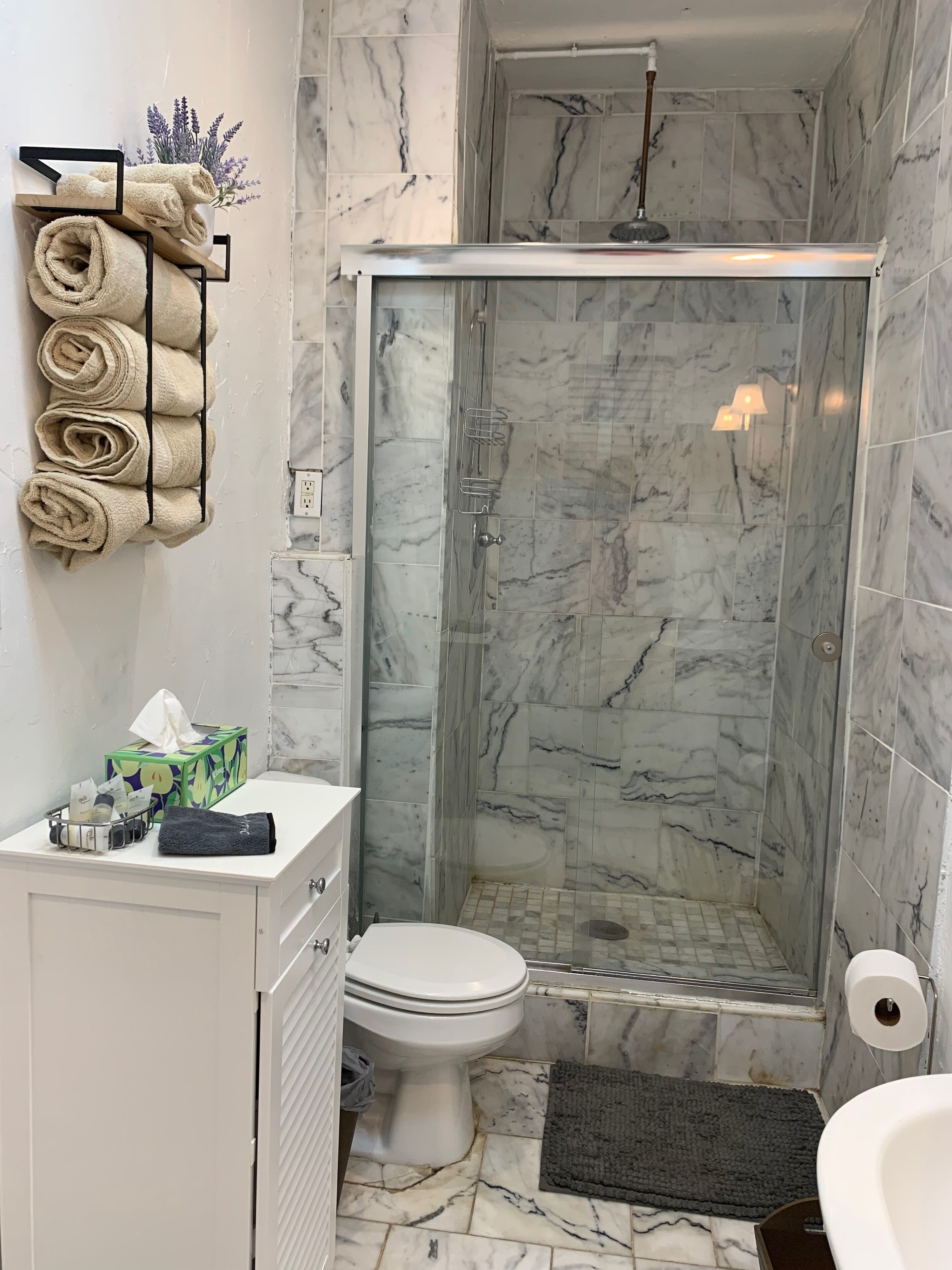 Shower, hair dryer, towels, soap