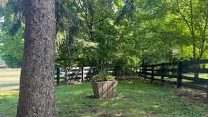 A fenced outdoor area with a large tree, a planter with flowers, and a grassy path. - Welcome to Bourbon Oak Smokehouse, in the heart of Bardstown, KY (Bardstown)