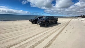 Una playa con dos camionetas pickup negras estacionadas sobre la arena, cielo despejado y el océano al fondo.