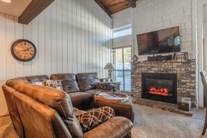 Télévision, cheminée, lecteur de DVD, livres