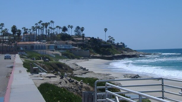 A coastal road with a sidewalk, palm trees, and ocean waves. - WindanSea Ocean View (San Diego)