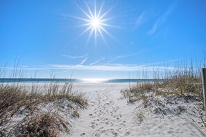 Um caminho de areia que leva ao oceano, com vegetação rala em ambos os lados.