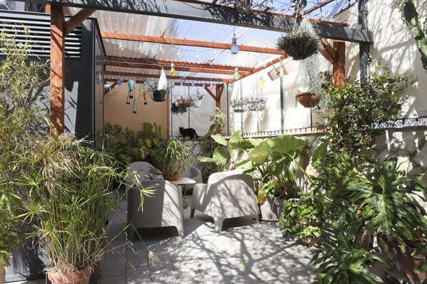 A covered patio area with hanging planters, a cat, and potted plants.