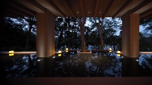 An infinity pool with a view of tall trees at dusk. - Anlai Rainforest Luxury Resort (Xishuangbanna Dai)