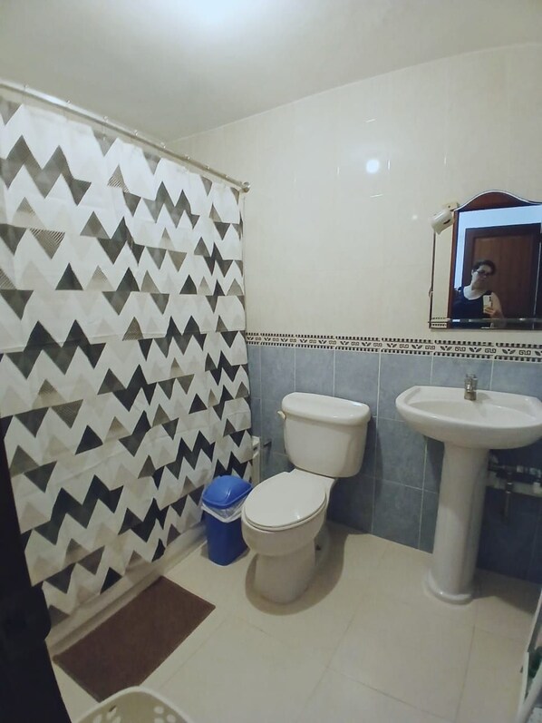 Une salle de bain avec des toilettes, un lavabo et un rideau de douche.