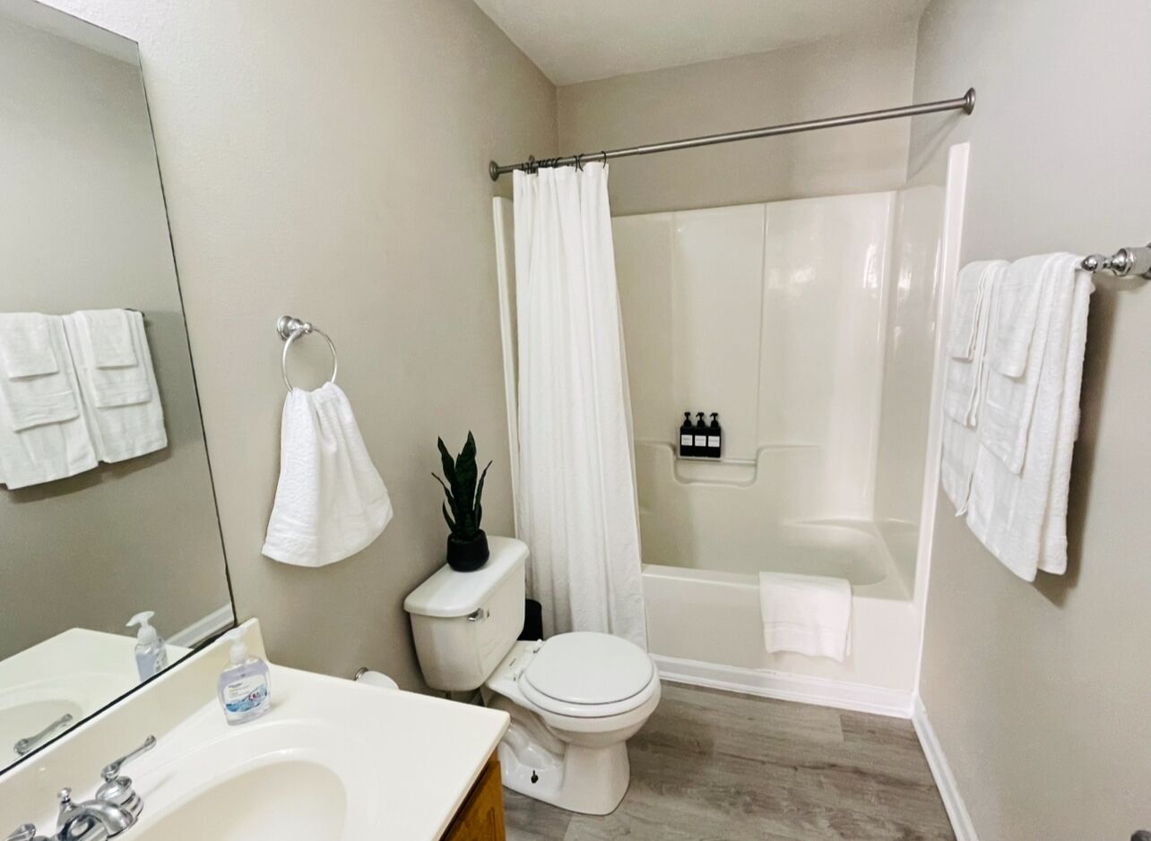 Hair dryer, towels, soap, shampoo
