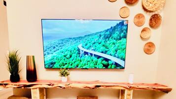 A television mounted on a wall displaying a scenic landscape.
