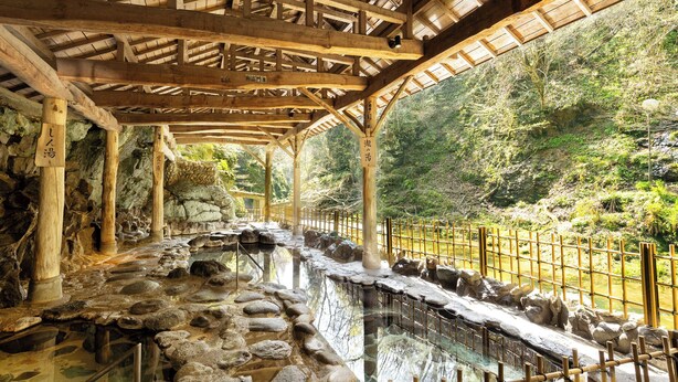 A traditional Japanese onsen with wooden beams, stone steps, and a bamboo fence. - Ooedo Onsen Monogatari Premium Sendai Sakunami (Sendai)