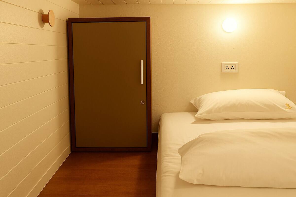 Premium bedding, desk, laptop workspace, soundproofing