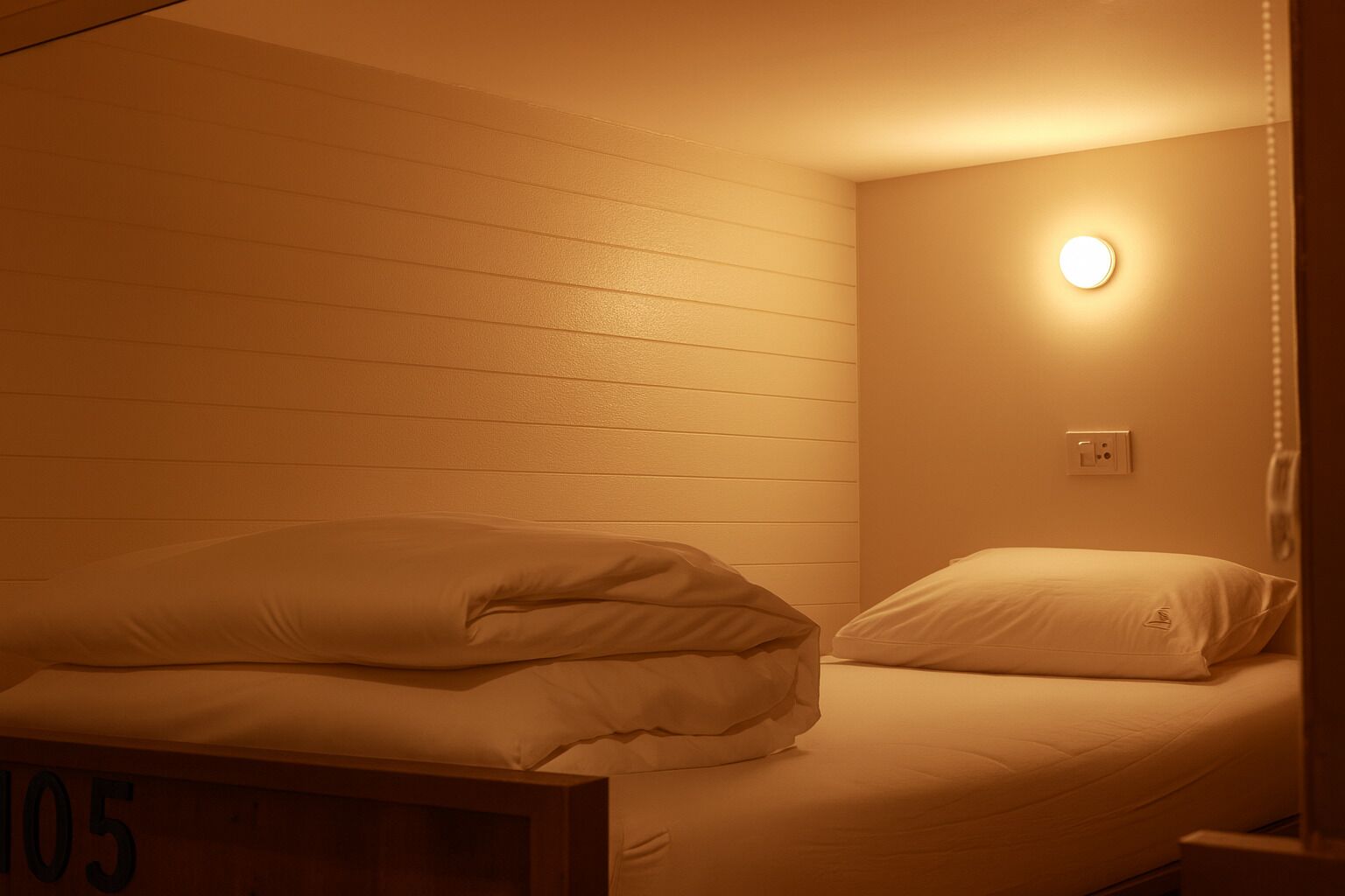 A single bed with white bedding in a room with white walls and a single light fixture on the wall.