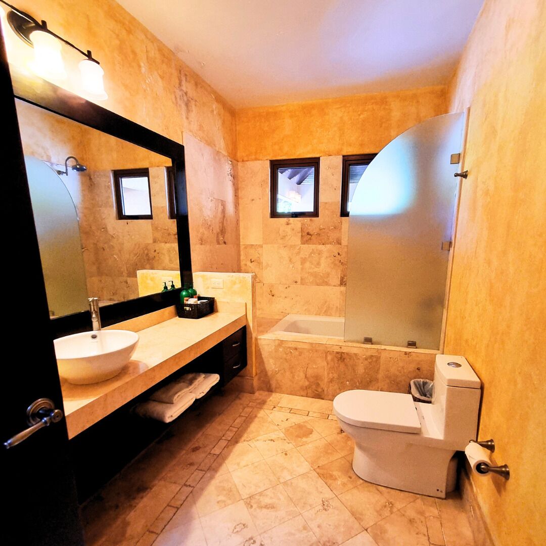 Shower, jetted bath, hair dryer, bidet