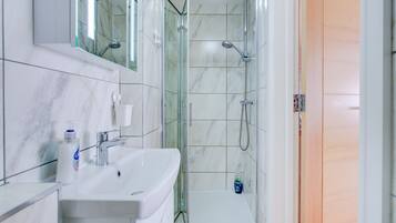 Shower, hair dryer, towels