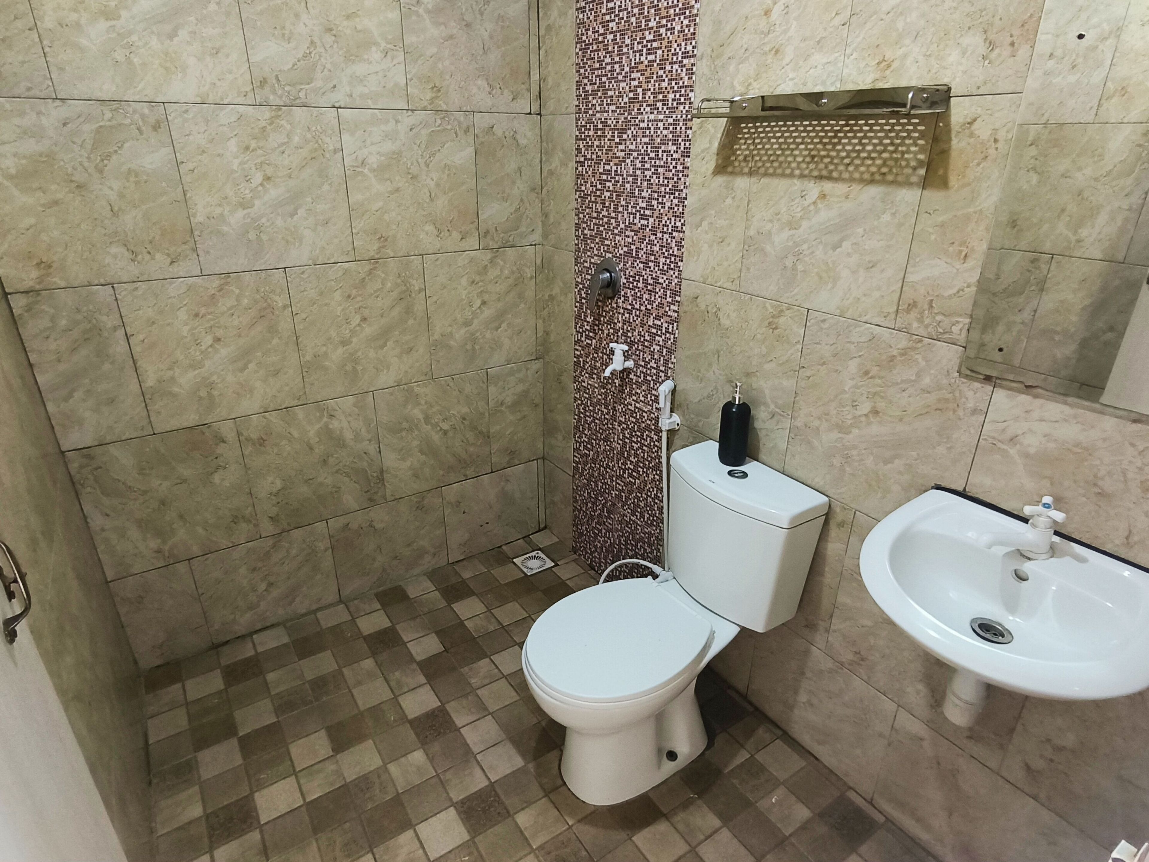 Een badkamer met toilet, wastafel en douche.