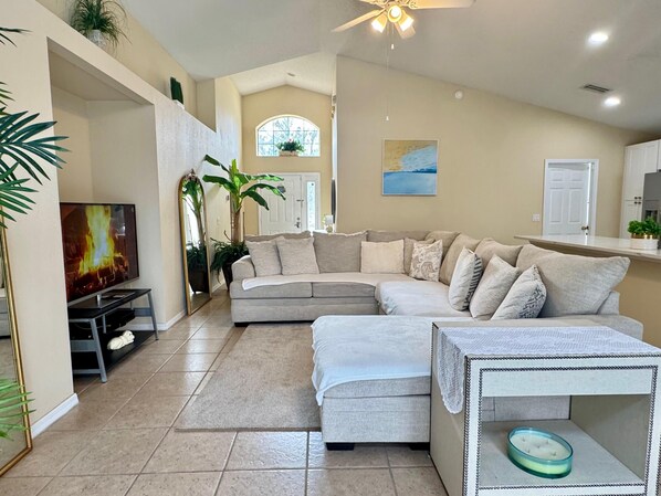 Smart TV, video games, DVD player, foosball