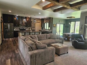 Televisión, chimenea, reproductor de DVD, libros