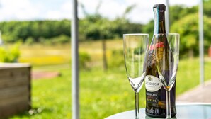 A bottle of Prosecco DOC Gaviolo and two glasses on a table with a view of a green landscape. - Room 'Doppelzimmer' with Private Terrace, Shared Garden and Wi-Fi (Leibertingen)