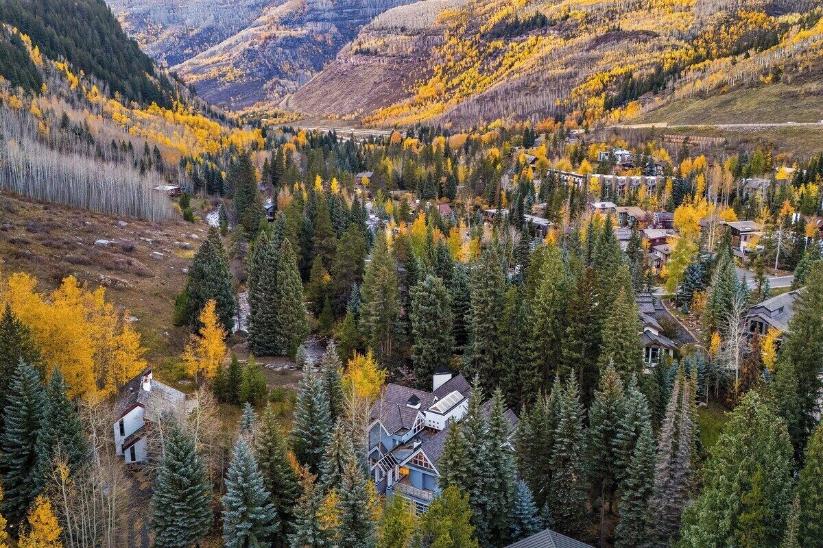 Ein Wohngebiet mit Häusern, umgeben von dichtem Wald und Bergen.