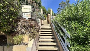 A staircase leading uphill with a sign indicating 'Pin Parasol' and a house number '85'.