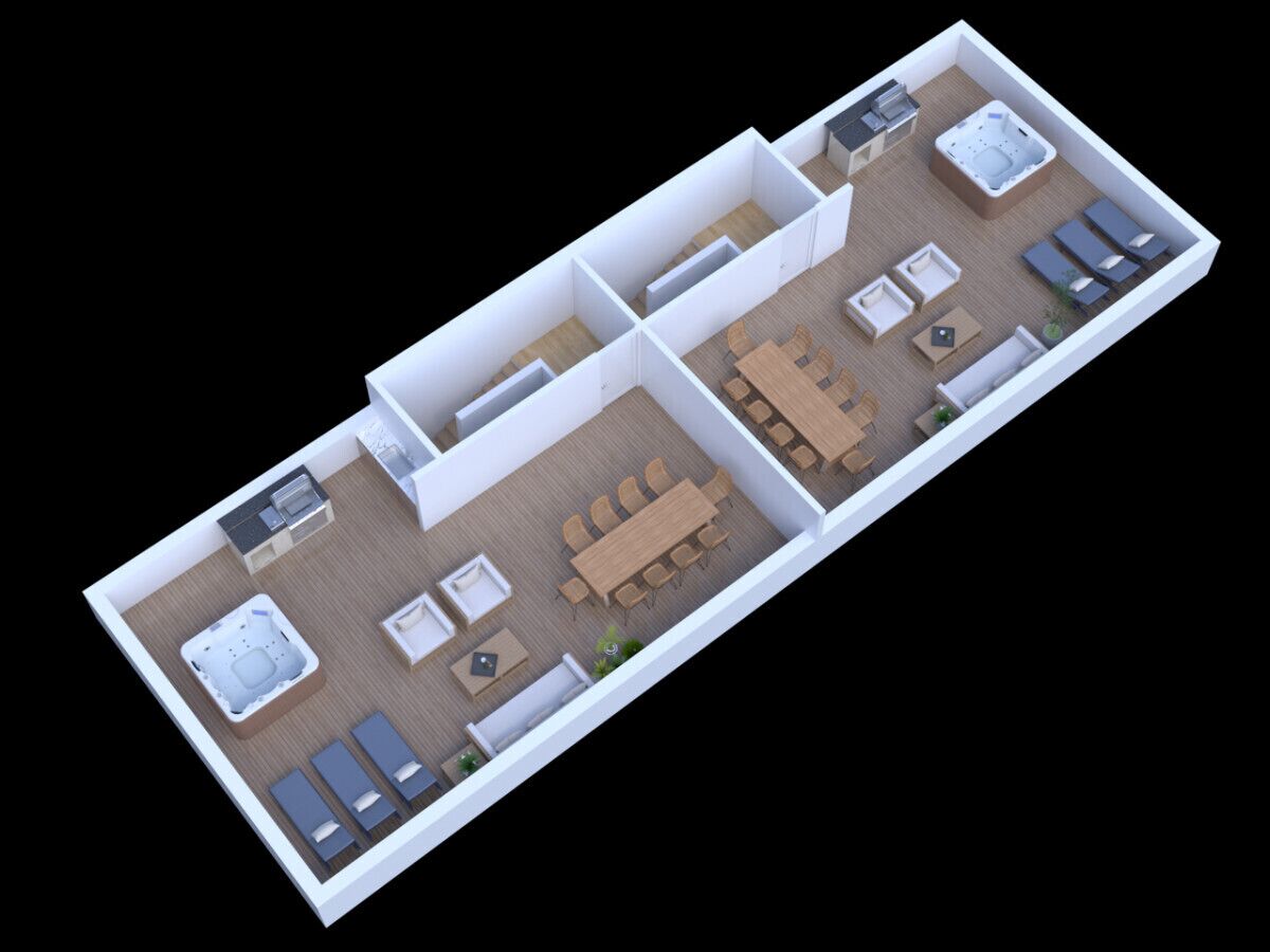 A 3D floor plan of a hotel room with a separate living area, a dining table, a sofa, a hot tub, and a small kitchen area.