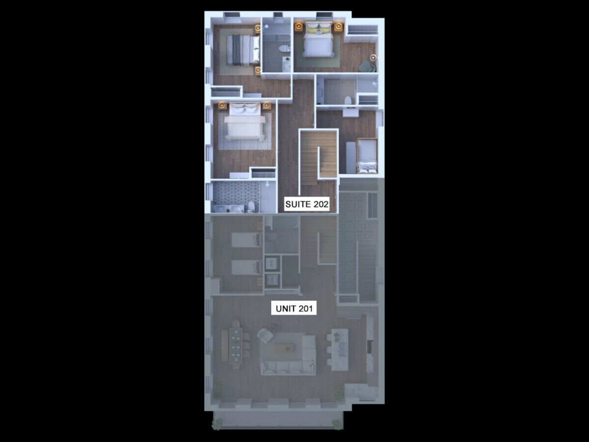 Planta baixa de um hotel com duas unidades, uma identificada como 'SUITE 202' e a outra como 'UNIT 201'. Ambas as unidades possuem quartos, banheiros e salas de estar separados.