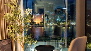 Una habitación moderna con vistas a la ciudad, una planta en maceta, una silla y una mesita.
