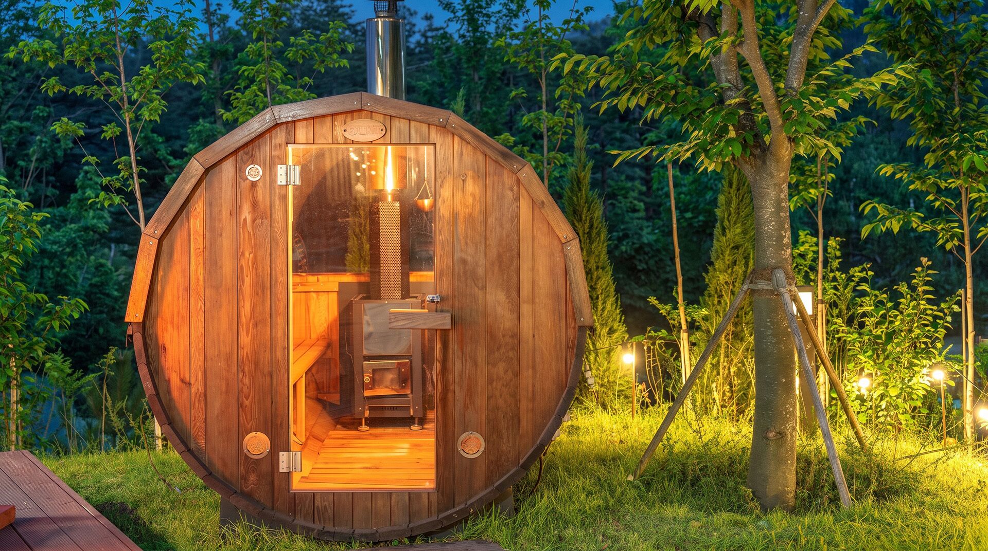 A wooden cabin with a circular door, a built-in fireplace, and a small wooden bench inside.
