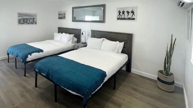A hotel room with two single beds, a large mirror, and a potted plant.