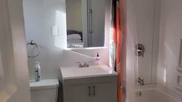 Hair dryer, towels, soap, toilet paper