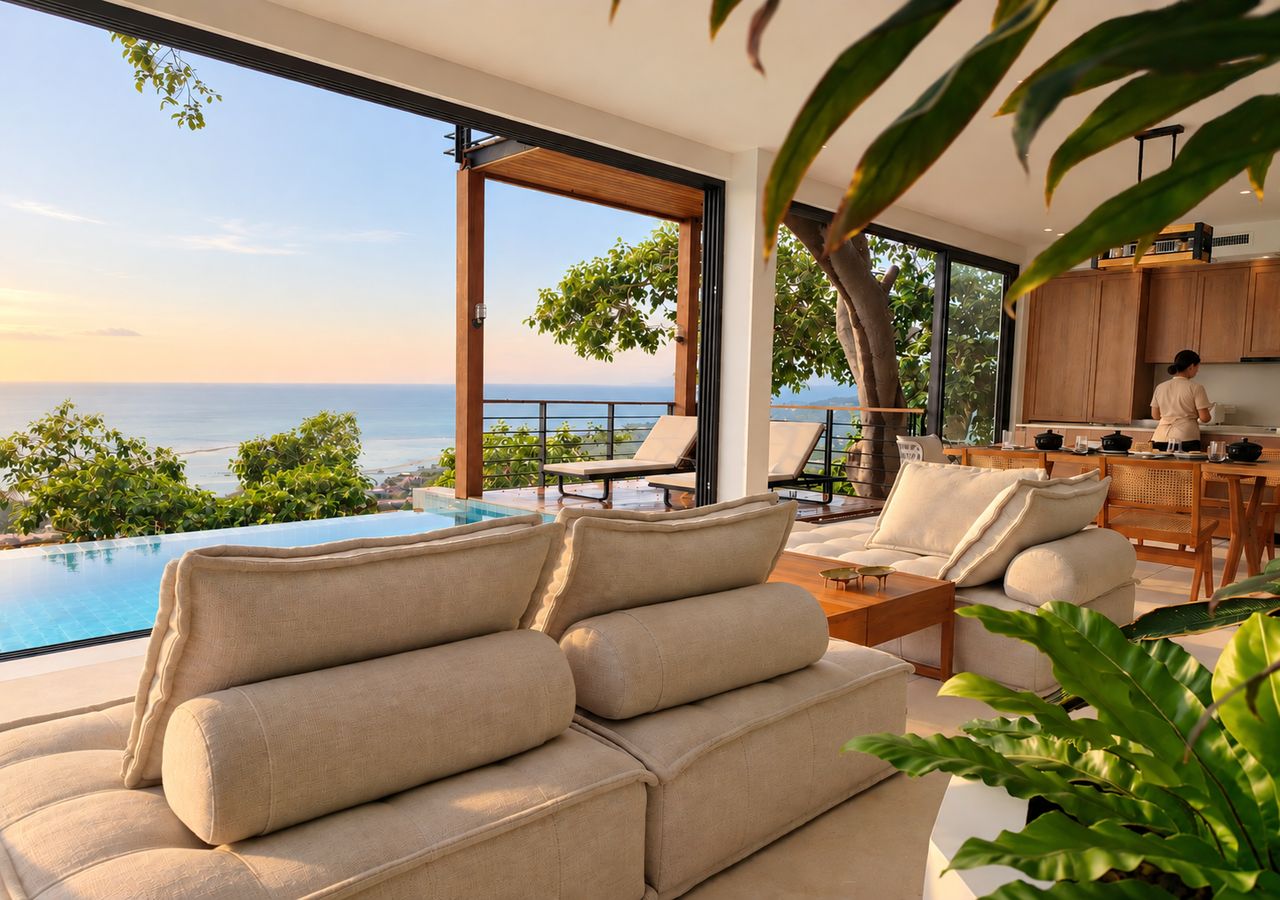 A modern living room with a sofa, a dining area, and a view of the ocean.