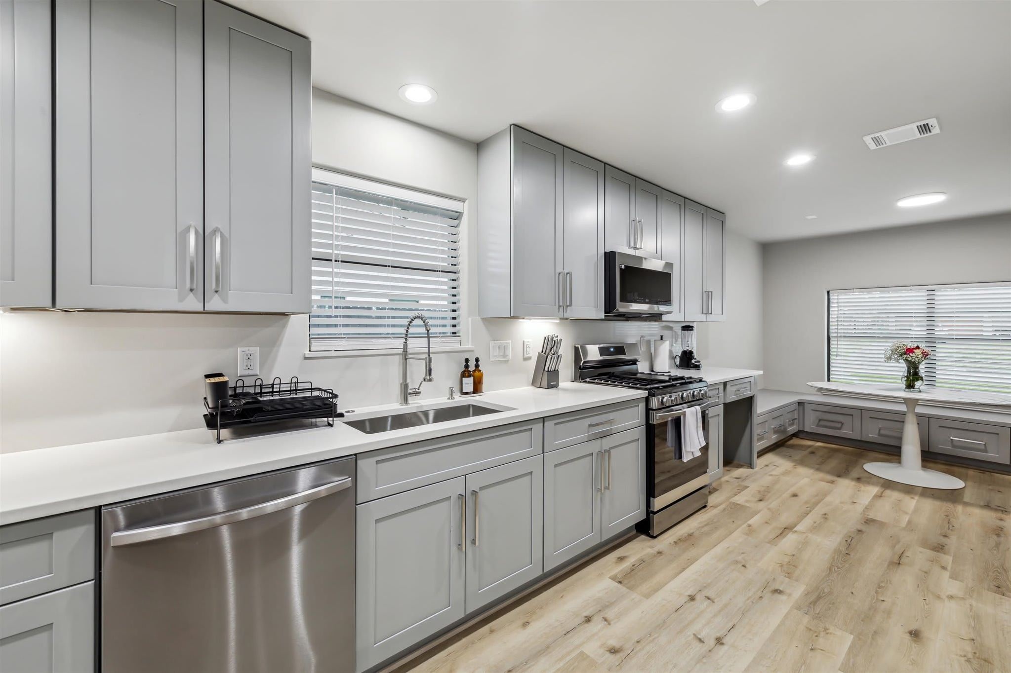 Stainless appliances and plenty of counter space in the kitchen.