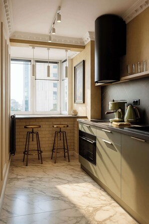 Fridge, microwave, stovetop, coffee/tea maker