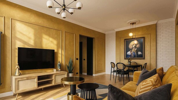 Una sala moderna con un televisor de pantalla plana, una mesa redonda, un sofá y un comedor con sillas y una mesa.