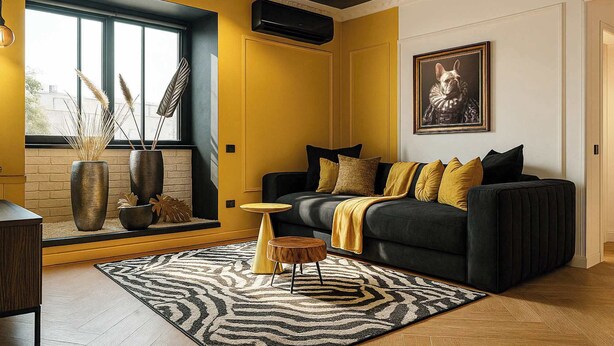 Un salon moderne avec un canapé foncé, des coussins jaunes, un tapis à motifs zébrés et une grande fenêtre agrémentée de plantes décoratives.
