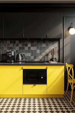 Fridge, microwave, coffee/tea maker, highchair