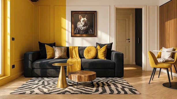 A living room with a dark sofa, yellow cushions, a round wooden coffee table, and a zebra-patterned rug.