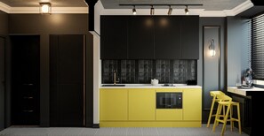 Fridge, microwave, coffee/tea maker, high chair
