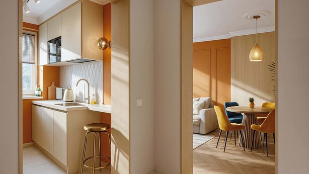 A modern kitchen with a bar stool, a dining area with a round table and chairs, and a living room with a sofa and a coffee table. - Qult·co - Huxley (București)