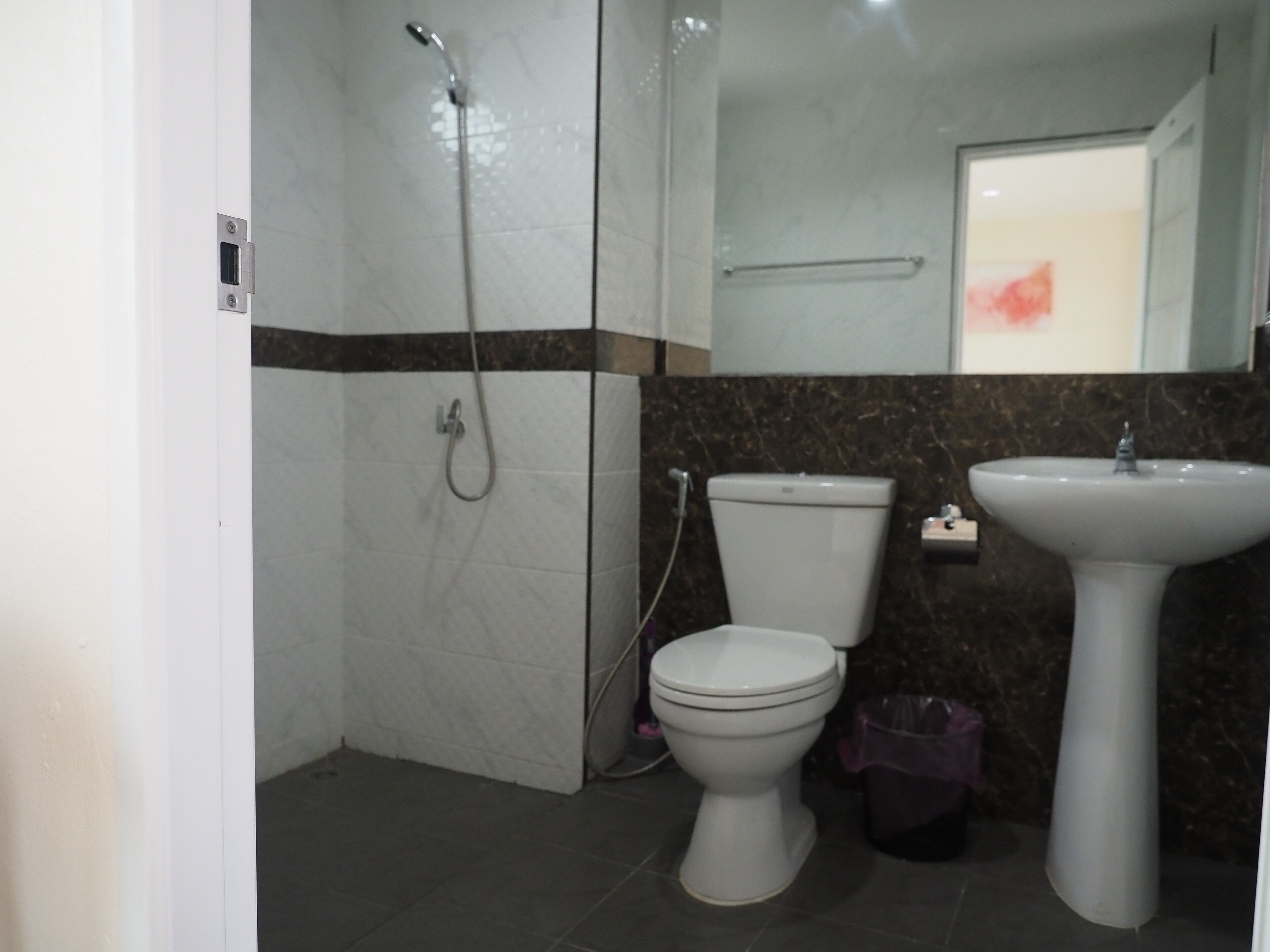 A bathroom with a toilet, a sink, and a shower.