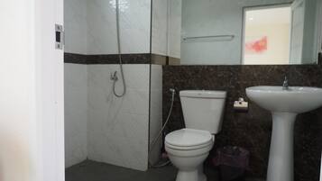A bathroom with a toilet, a sink, and a shower.