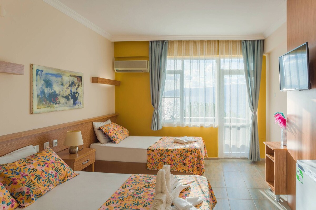 Habitación de hotel con dos camas, un televisor de pantalla plana, un equipo de aire acondicionado y un cuadro en la pared.