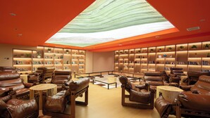 Un salón moderno con asientos de cuero, estanterías y tragaluces.